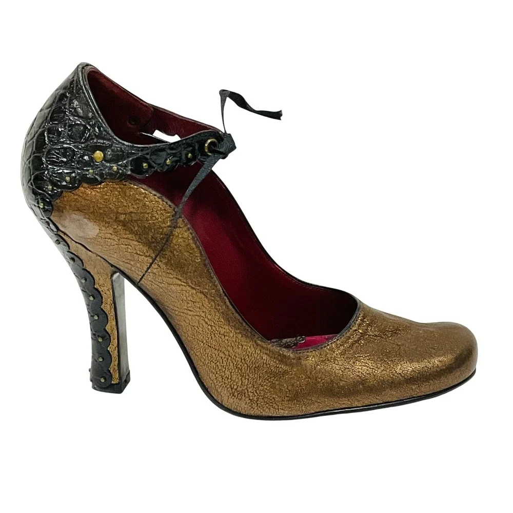 J Vincent women's shoes heels leather sole metallic bronze black studded 6.5 3.5